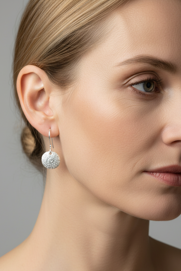 Håndlagde kråkebolle øredobber i sølv fra Lofoten Jewelry.