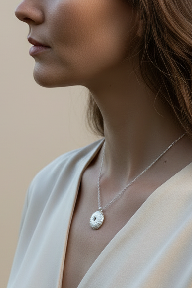 Håndlaget kråkebolle anheng i sølv fra Lofoten Jewelry